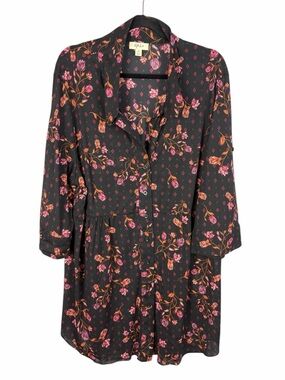 Style & Co Black Floral Blouse 3X Button Front Boho Peplum Tunic